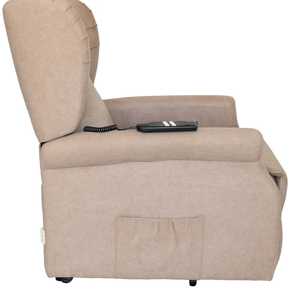Poltrona reclinabile elettrica alzapersona in tessuto, disponibile nei colori grigio e tortora, con telecomando e meccanismo relax motorizzato.