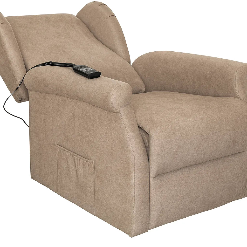 Poltrona reclinabile elettrica alzapersona in tessuto, disponibile nei colori grigio e tortora, con telecomando e meccanismo relax motorizzato.