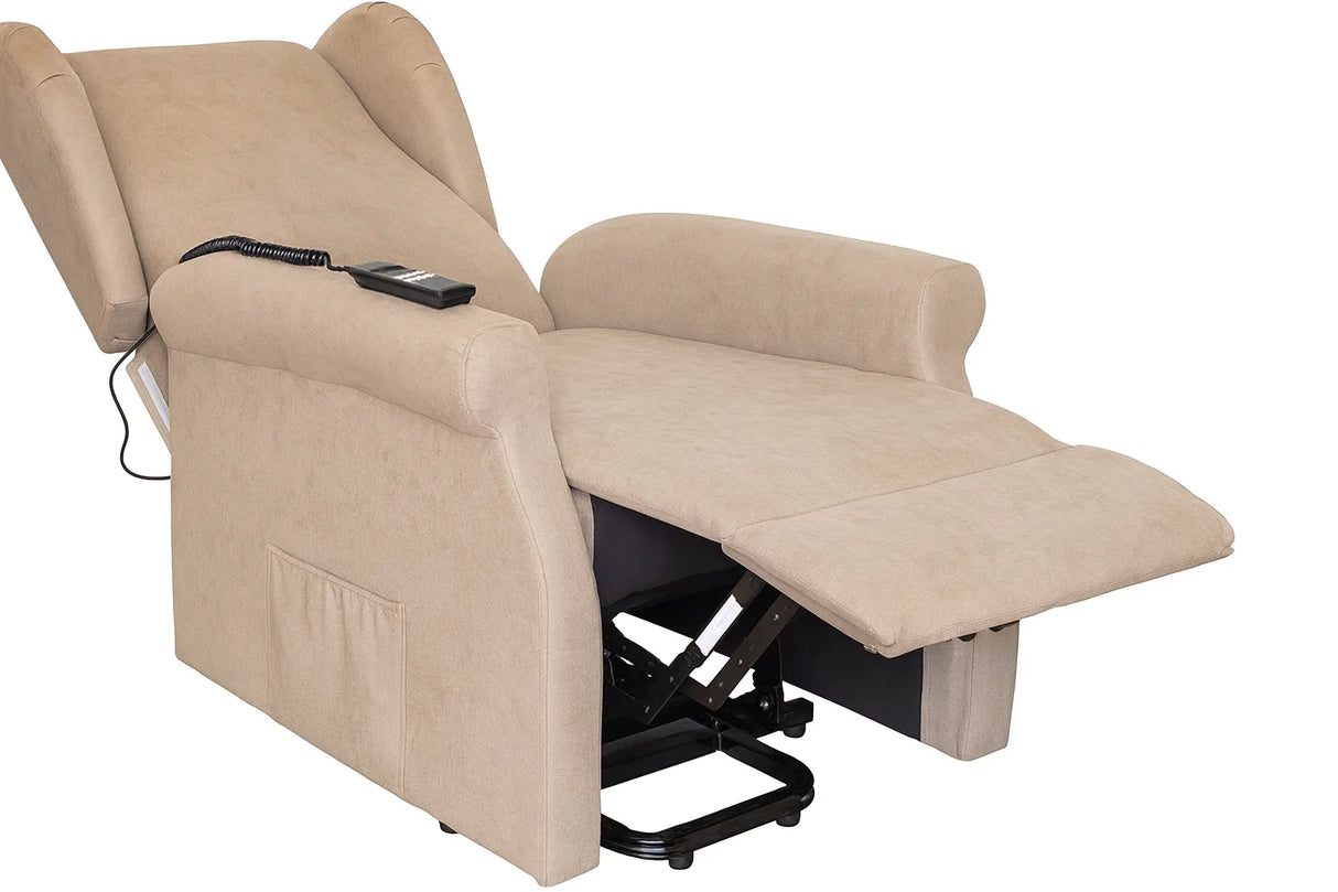 Poltrona reclinabile elettrica alzapersona in tessuto, disponibile nei colori grigio e tortora, con telecomando e meccanismo relax motorizzato.