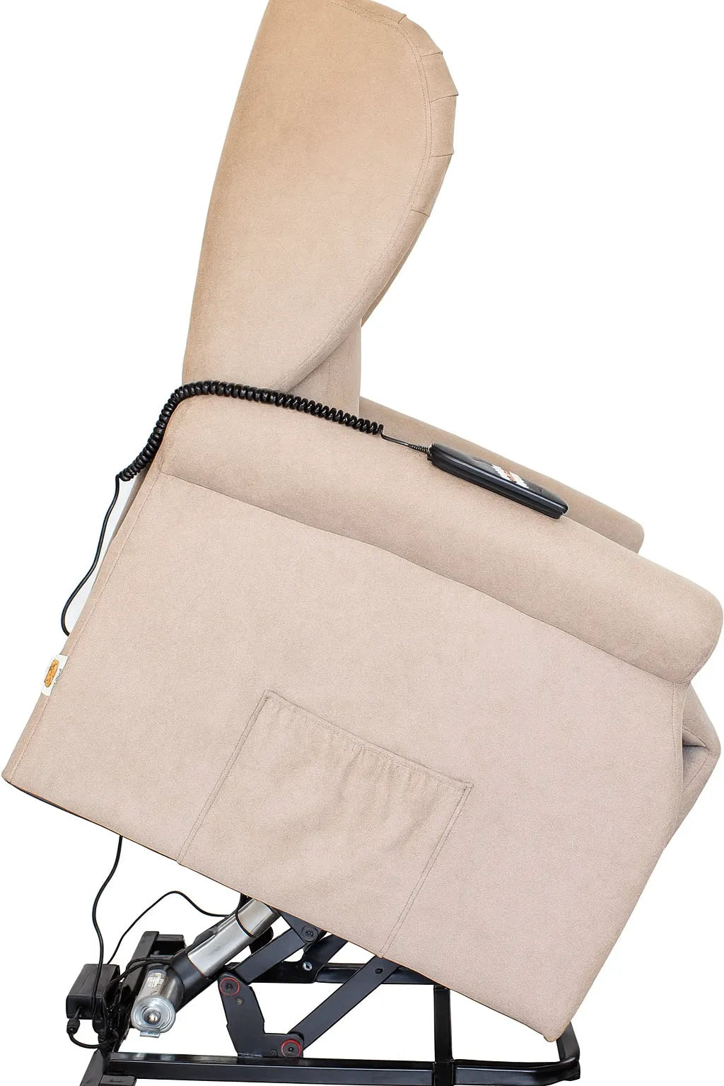 Poltrona reclinabile elettrica alzapersona in tessuto, disponibile nei colori grigio e tortora, con telecomando e meccanismo relax motorizzato.