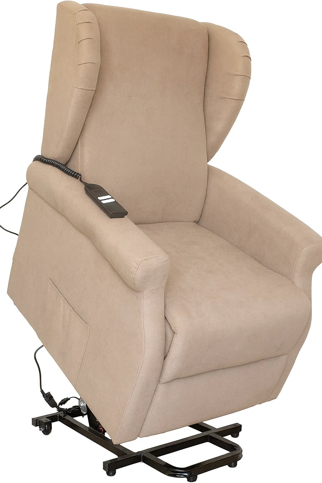 Poltrona reclinabile elettrica alzapersona in tessuto, disponibile nei colori grigio e tortora, con telecomando e meccanismo relax motorizzato.