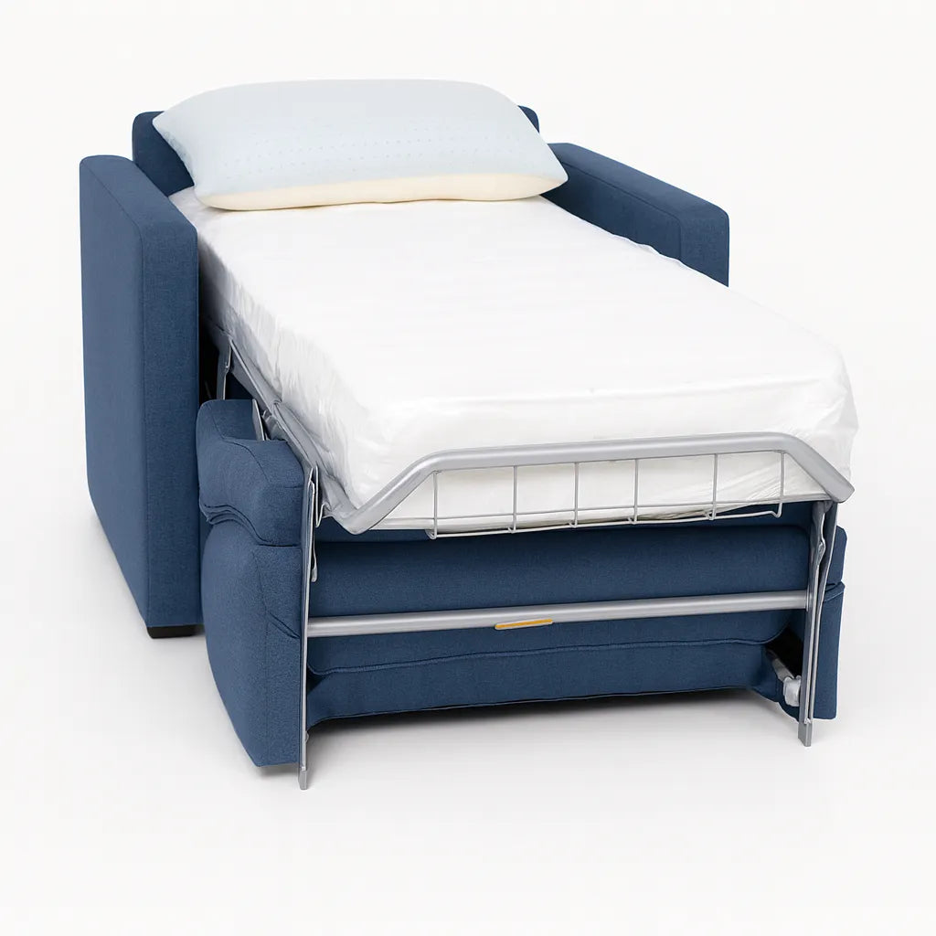 Poltrona letto salvaspazio con materasso 18 cm, disponibile in vari colori e tessuti