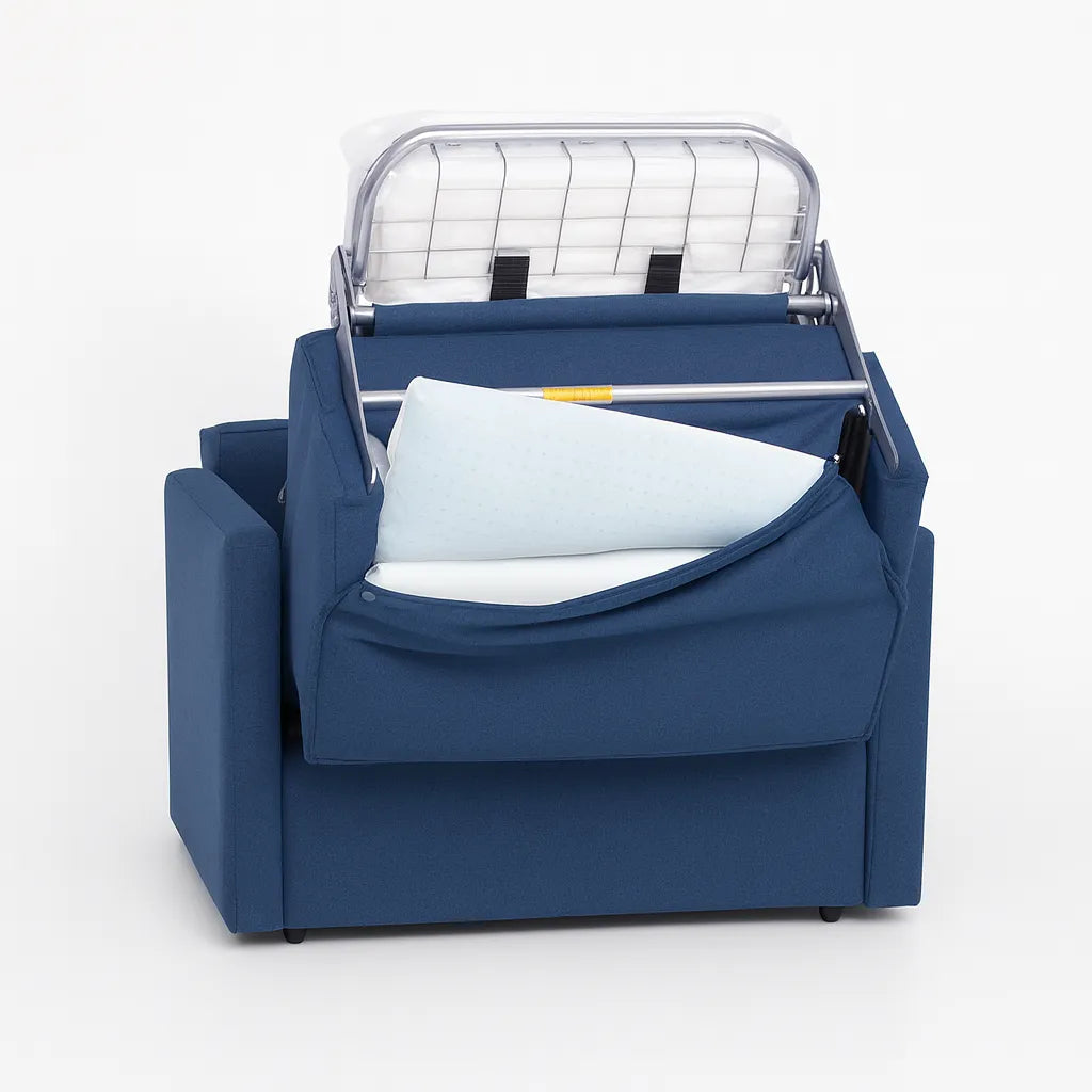 Poltrona letto salvaspazio con materasso 18 cm, disponibile in vari colori e tessuti