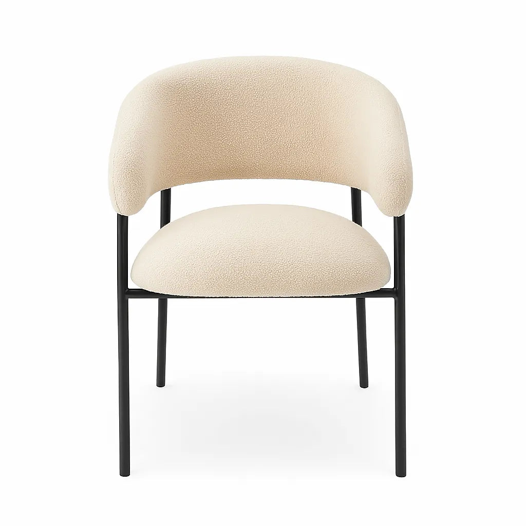 Poltrona Megan in tessuto bouclé con gambe nere moderne e seduta imbottita