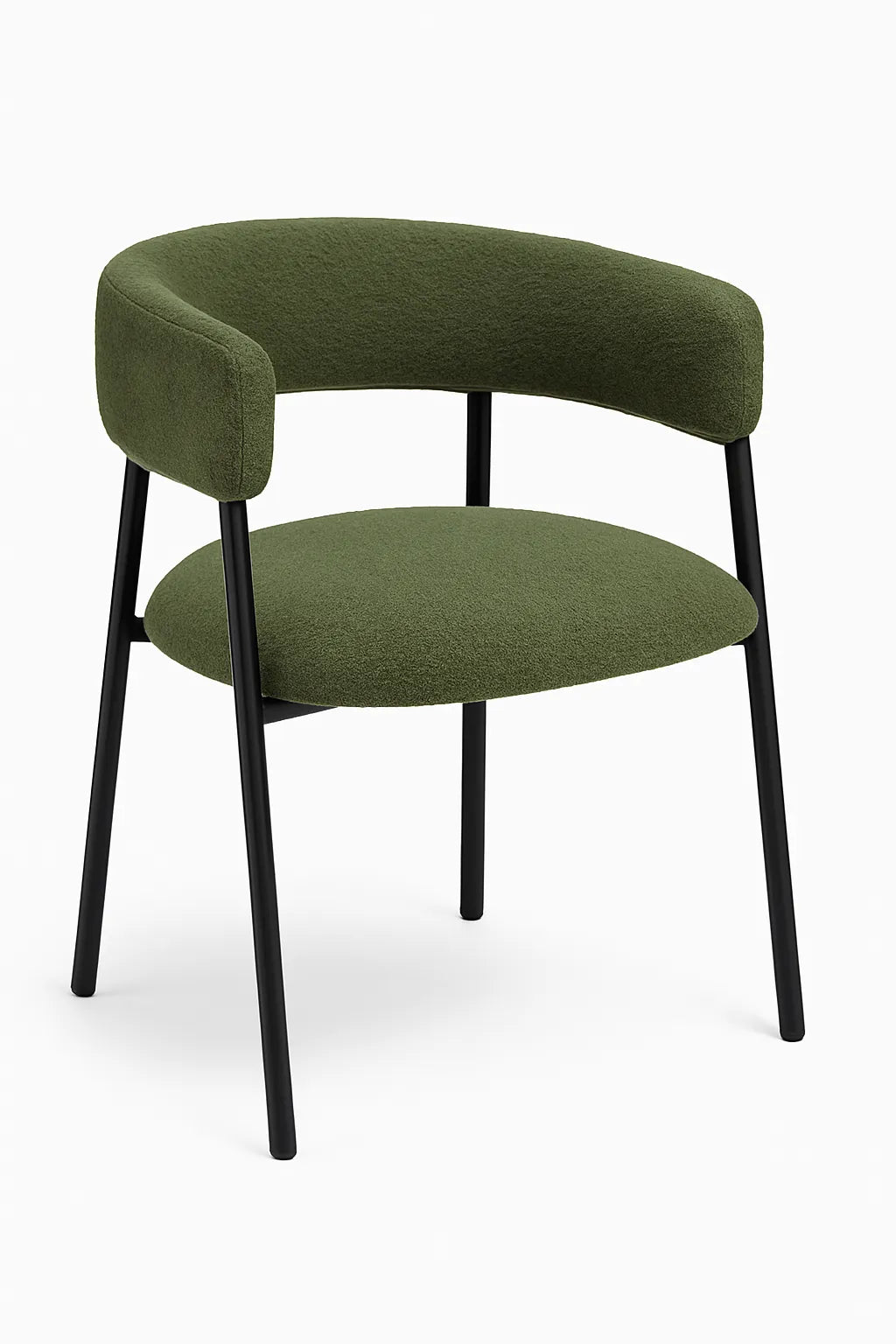 Poltrona Megan in tessuto bouclé con gambe nere moderne e seduta imbottita