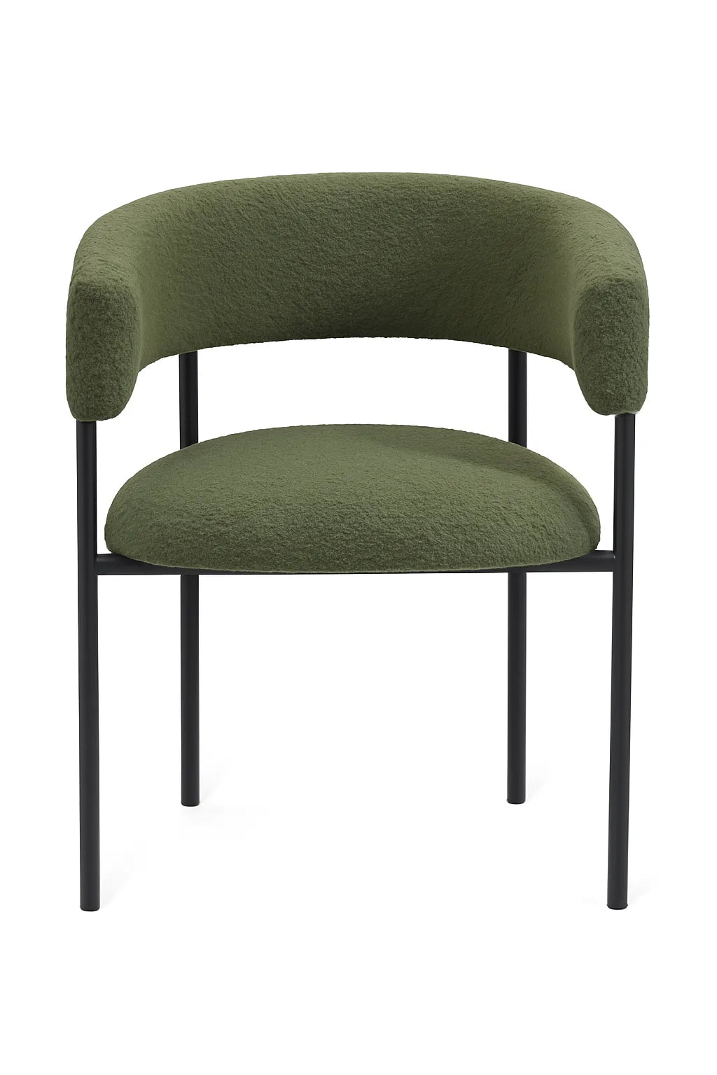 Poltrona Megan in tessuto bouclé con gambe nere moderne e seduta imbottita