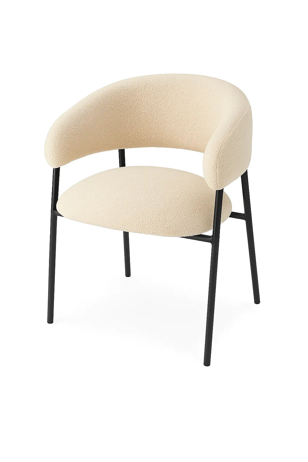 Poltrona Megan in tessuto bouclé con gambe nere moderne e seduta imbottita