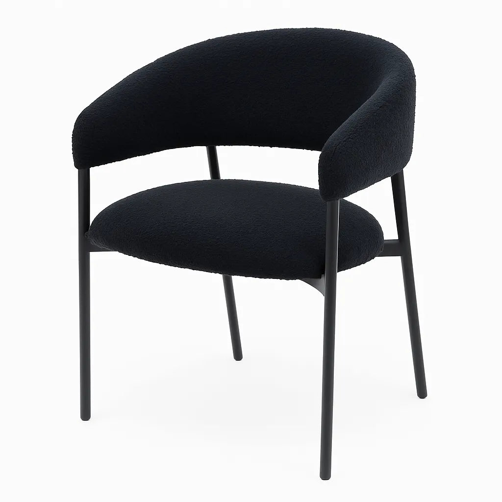 Poltrona Megan in tessuto bouclé con gambe nere moderne e seduta imbottita