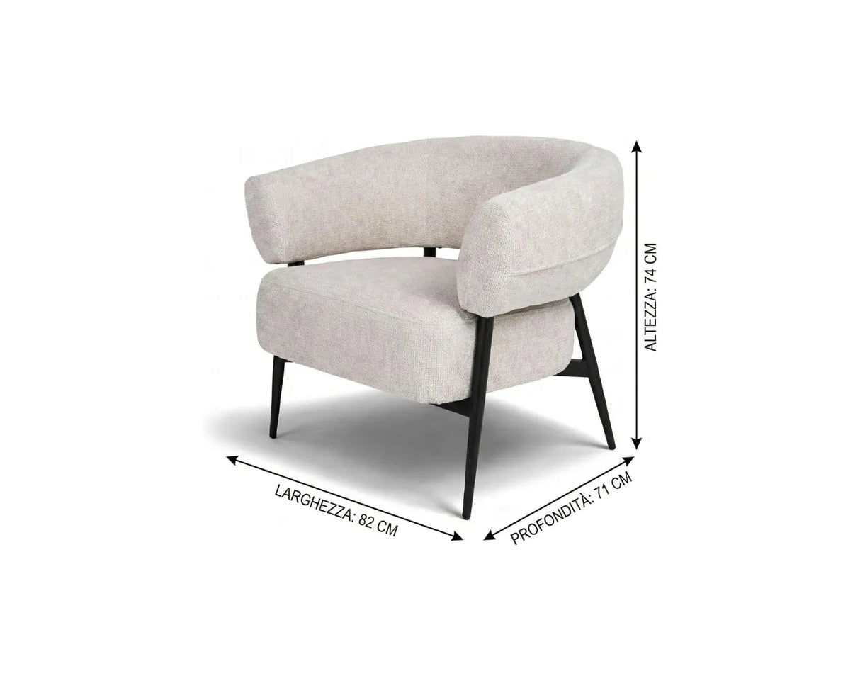 Poltrona Odeon - Design moderno in tessuto beige con struttura in metallo nero elegante