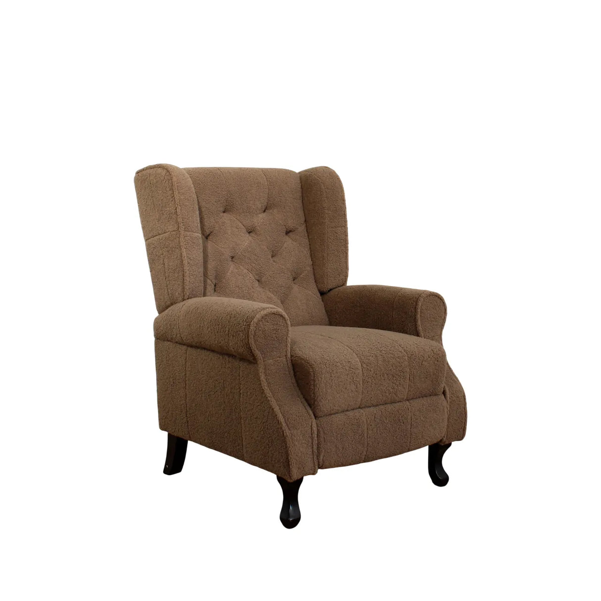 Poltrona relax reclinabile manuale in tessuto bouclé con poggiapiedi integrato e piedi in legno, ideale per salotti eleganti e confortevoli