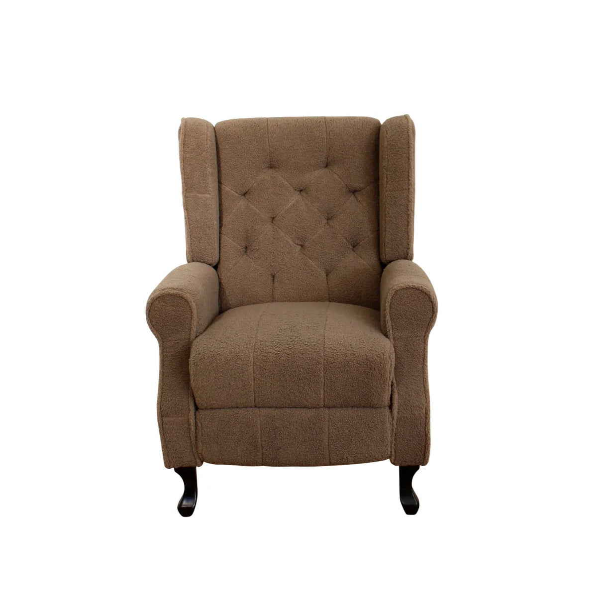 Poltrona relax reclinabile manuale in tessuto bouclé con poggiapiedi integrato e piedi in legno, ideale per salotti eleganti e confortevoli