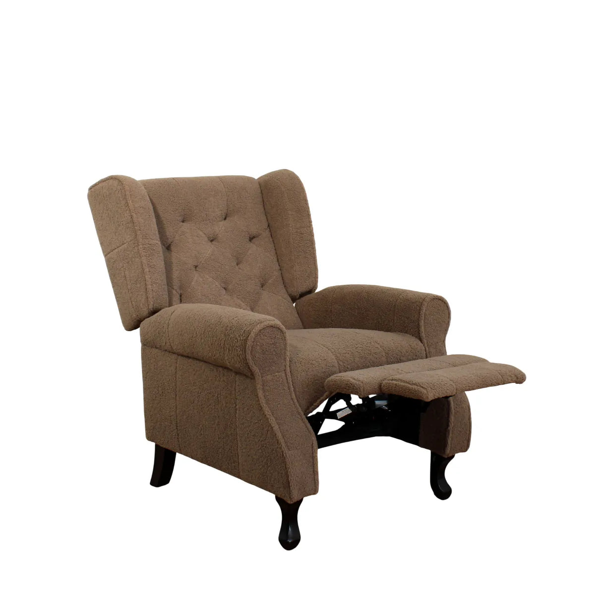 Poltrona relax reclinabile manuale in tessuto bouclé con poggiapiedi integrato e piedi in legno, ideale per salotti eleganti e confortevoli