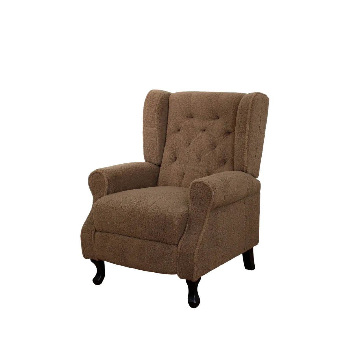 Poltrona relax reclinabile manuale in tessuto bouclé con poggiapiedi integrato e piedi in legno, ideale per salotti eleganti e confortevoli