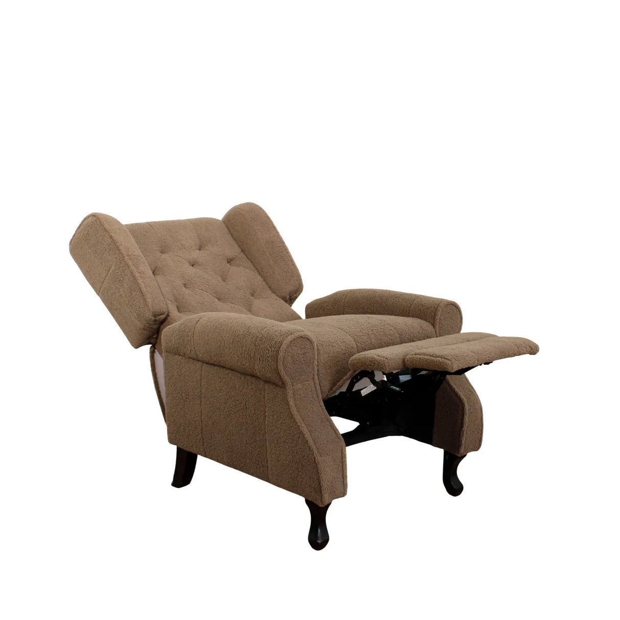 Poltrona relax reclinabile manuale in tessuto bouclé con poggiapiedi integrato e piedi in legno, ideale per salotti eleganti e confortevoli