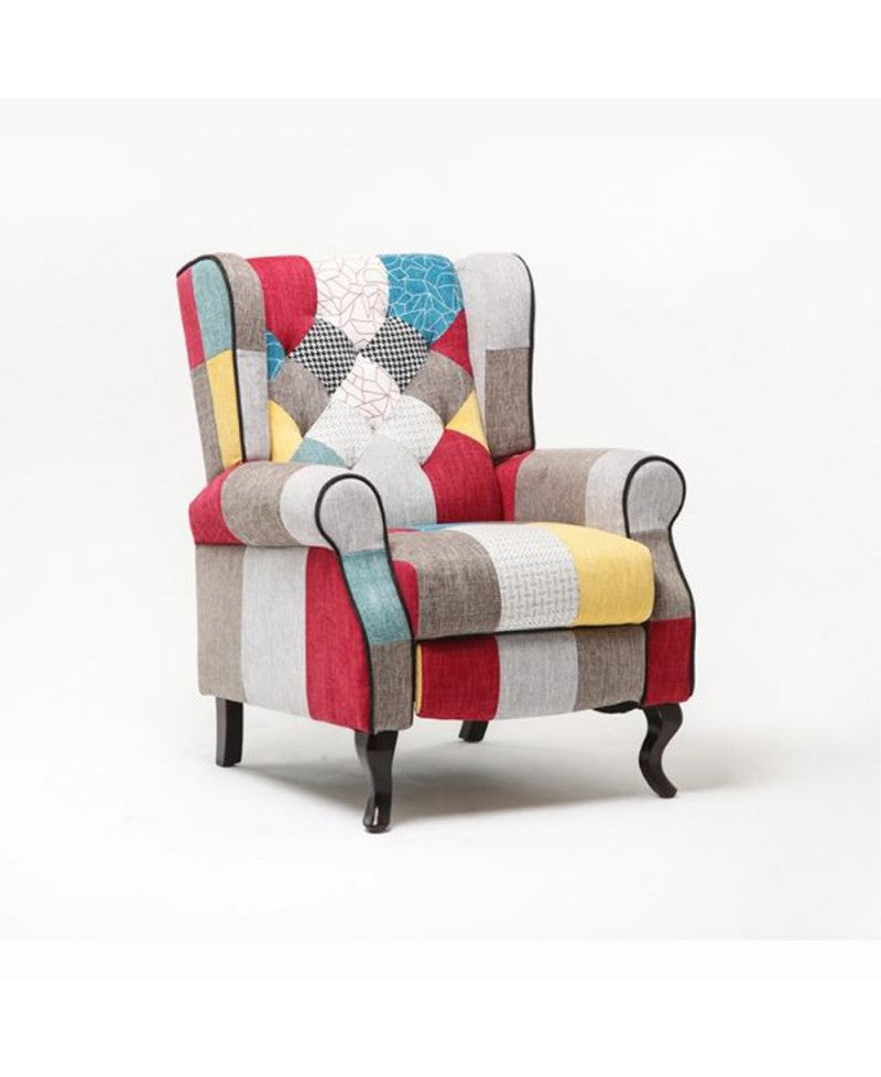 Poltrona reclinabile patchwork in tessuto policotone colorato con poggiapiedi, schienale comfort e struttura in legno robusta