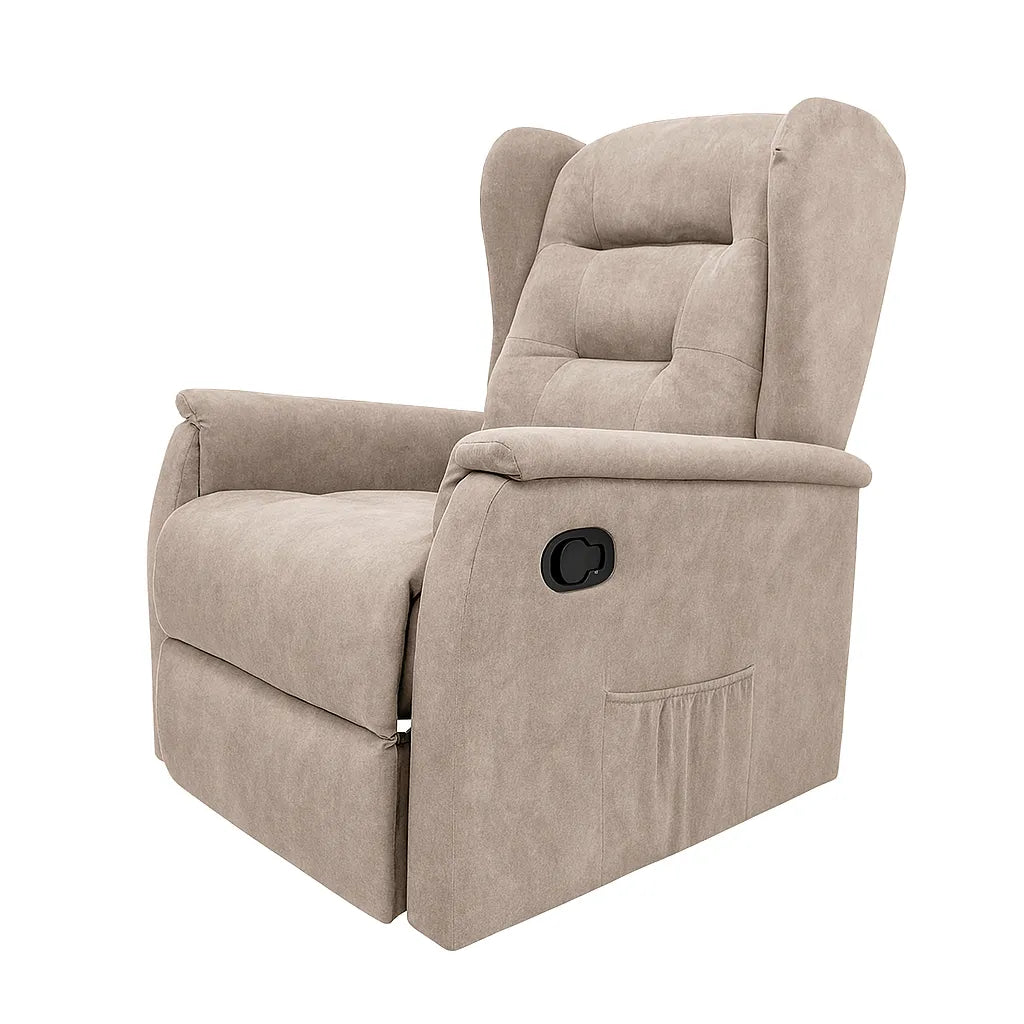 Poltrona relax Ariel in tessuto, reclinabile manualmente con leva laterale, design moderno e schienale alto