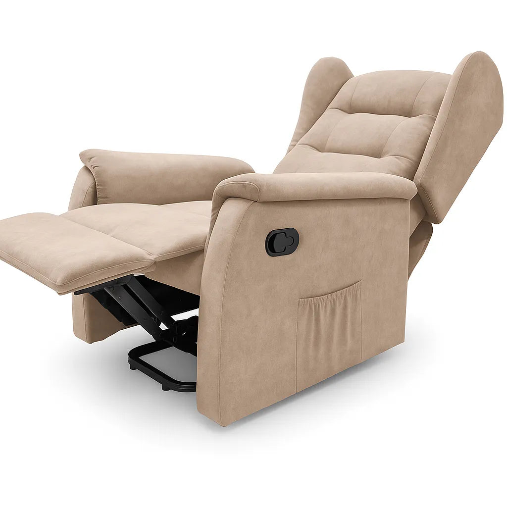 Poltrona relax Ariel in tessuto, reclinabile manualmente con leva laterale, design moderno e schienale alto