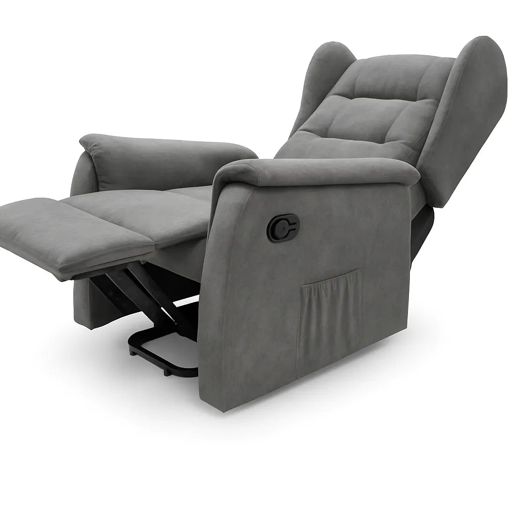 Poltrona relax Ariel in tessuto, reclinabile manualmente con leva laterale, design moderno e schienale alto