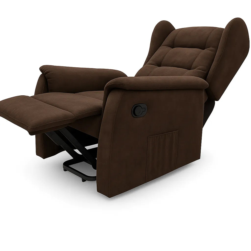 Poltrona relax Ariel in tessuto, reclinabile manualmente con leva laterale, design moderno e schienale alto