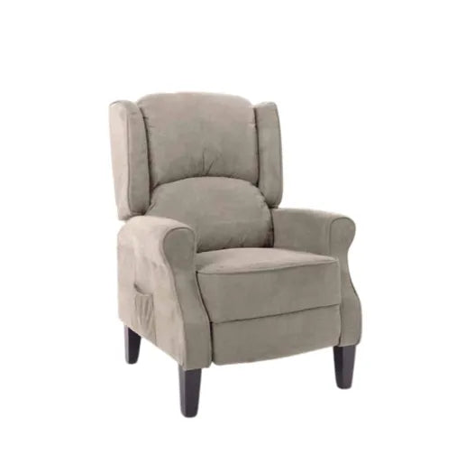 Poltrona relax reclinabile Grace in tessuto color mattone con struttura in legno e poggiapiedi integrato