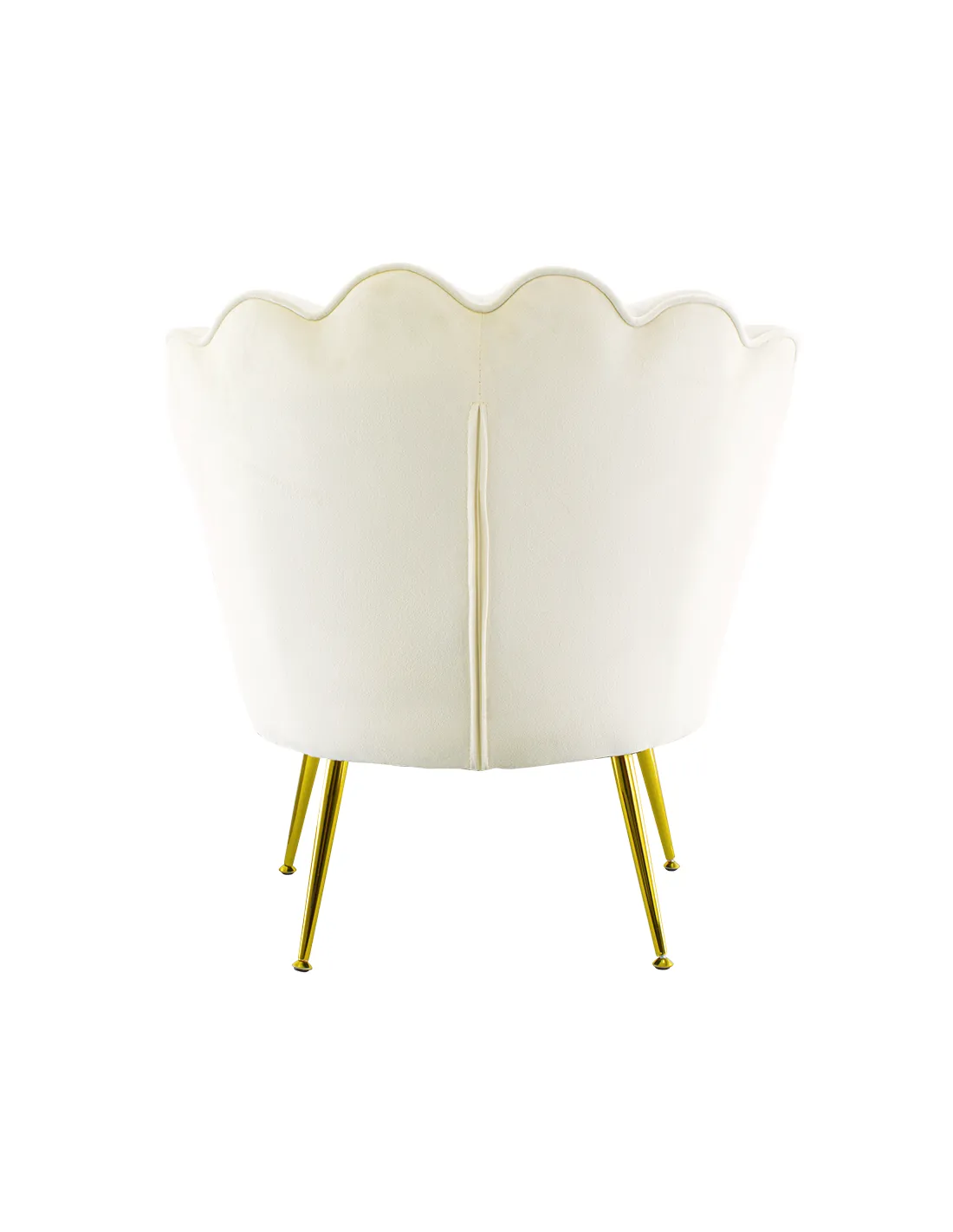Poltrona in velluto con schienale a conchiglia e gambe dorate, ideale per soggiorno, camera da letto o ambienti eleganti.