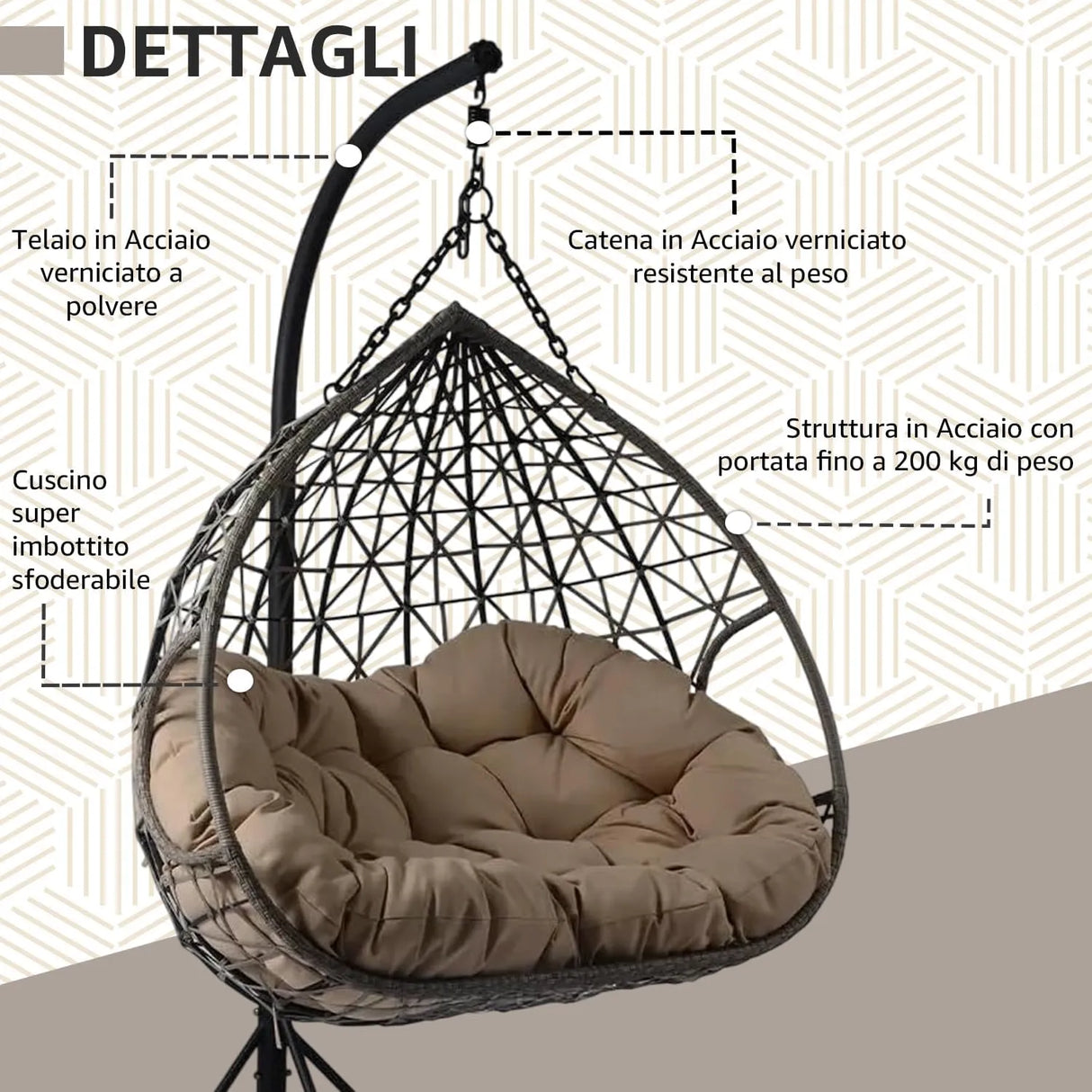 Poltrona sospesa Lita XL a uovo in rattan intrecciato con struttura in acciaio verniciato e cuscini grigi. Dondolo elegante per giardino e interni.