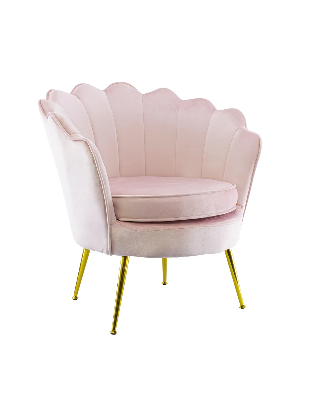Poltrona in velluto con schienale a conchiglia e gambe dorate, ideale per soggiorno, camera da letto o ambienti eleganti.