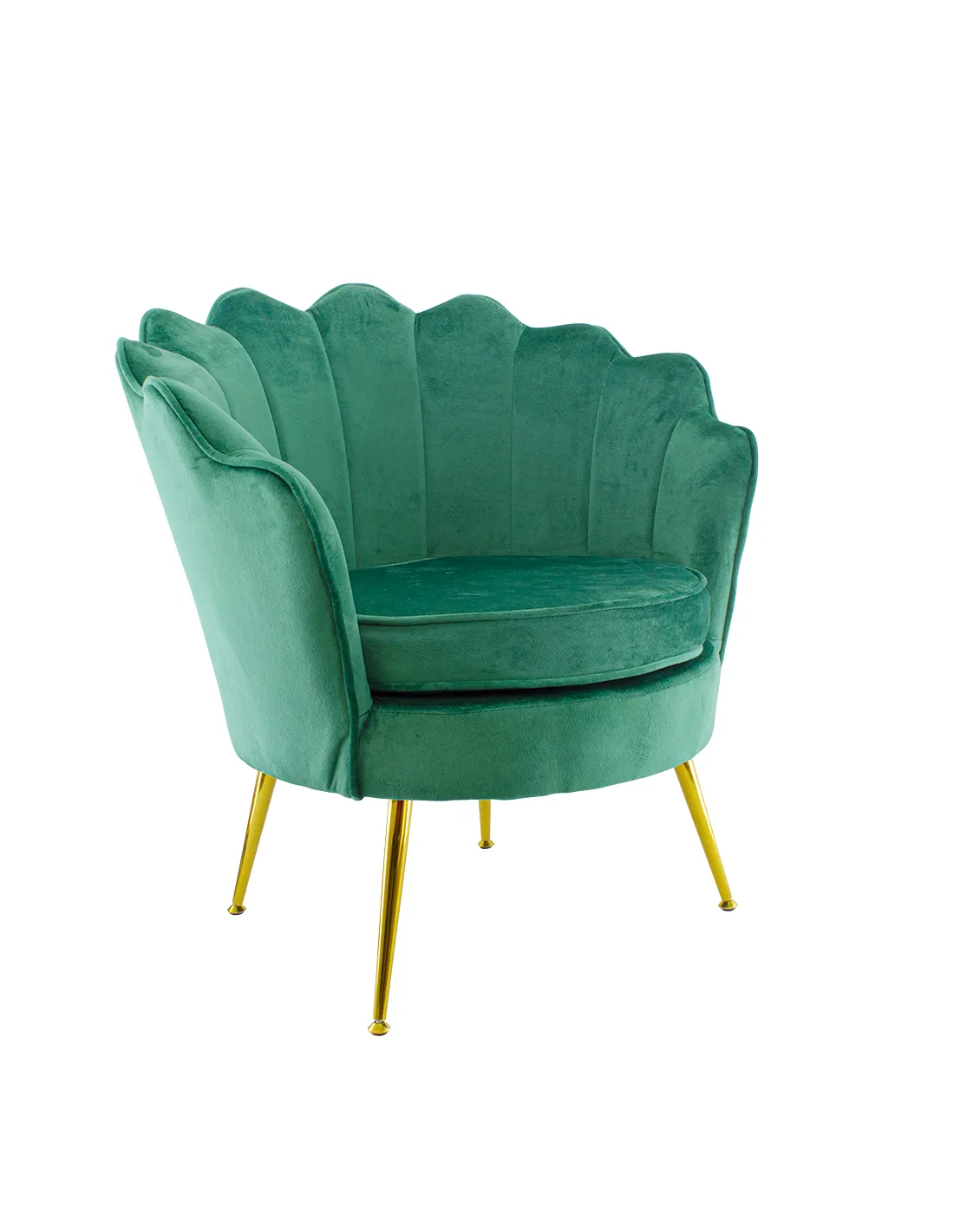Poltrona in velluto con schienale a conchiglia e gambe dorate, ideale per soggiorno, camera da letto o ambienti eleganti.