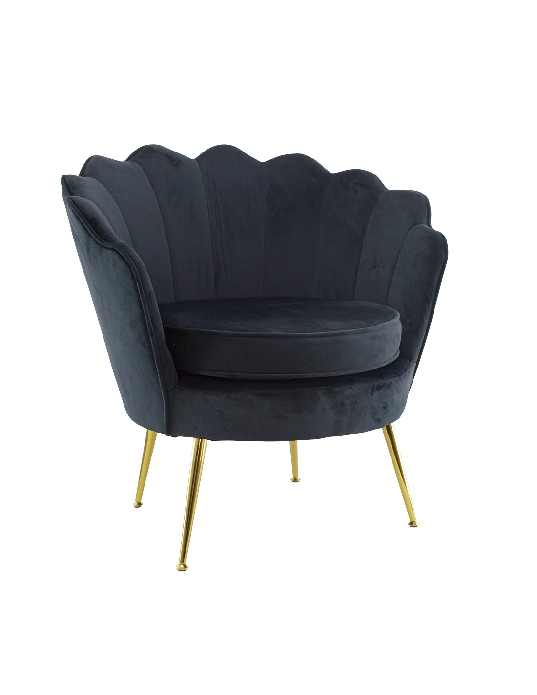 Poltrona in velluto con schienale a conchiglia e gambe dorate, ideale per soggiorno, camera da letto o ambienti eleganti.