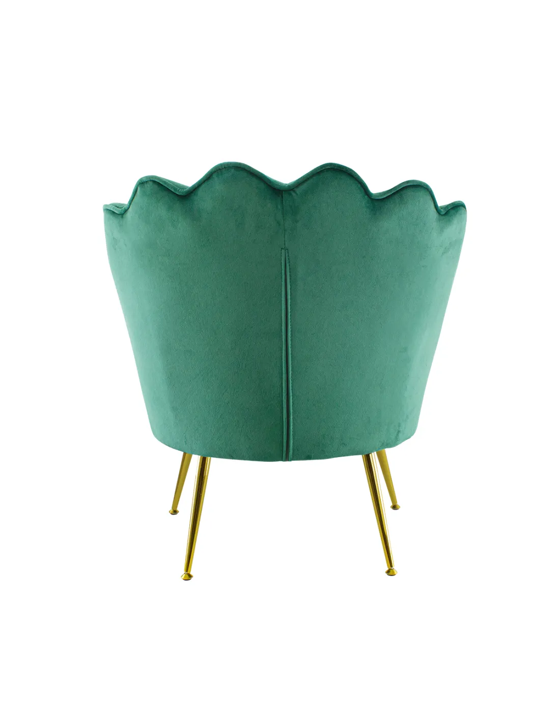 Poltrona in velluto con schienale a conchiglia e gambe dorate, ideale per soggiorno, camera da letto o ambienti eleganti.