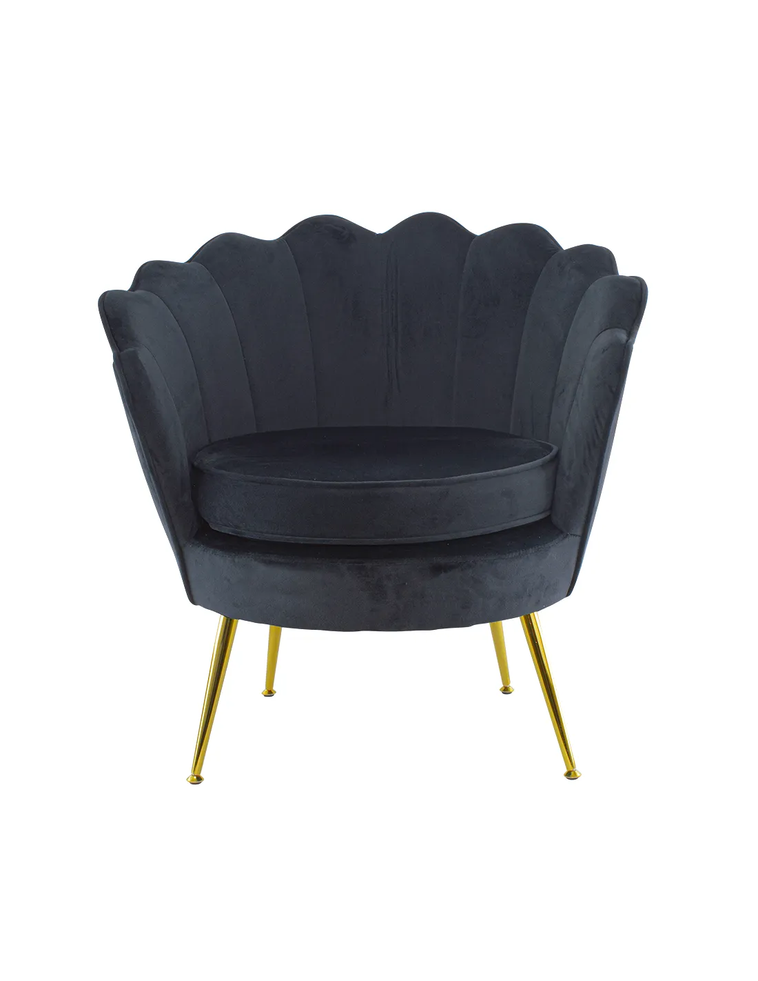 Poltrona in velluto con schienale a conchiglia e gambe dorate, ideale per soggiorno, camera da letto o ambienti eleganti.