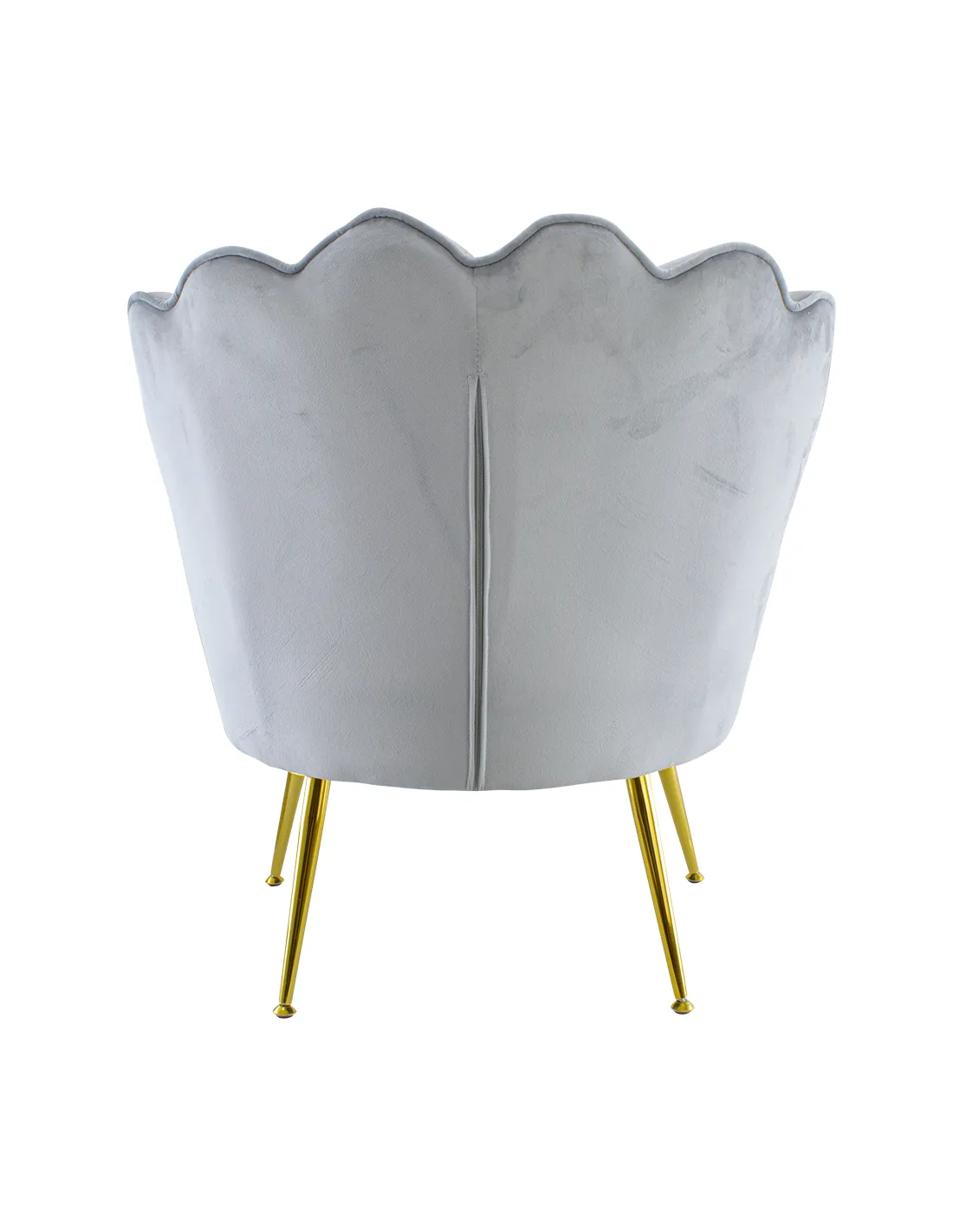 Poltrona in velluto con schienale a conchiglia e gambe dorate, ideale per soggiorno, camera da letto o ambienti eleganti.