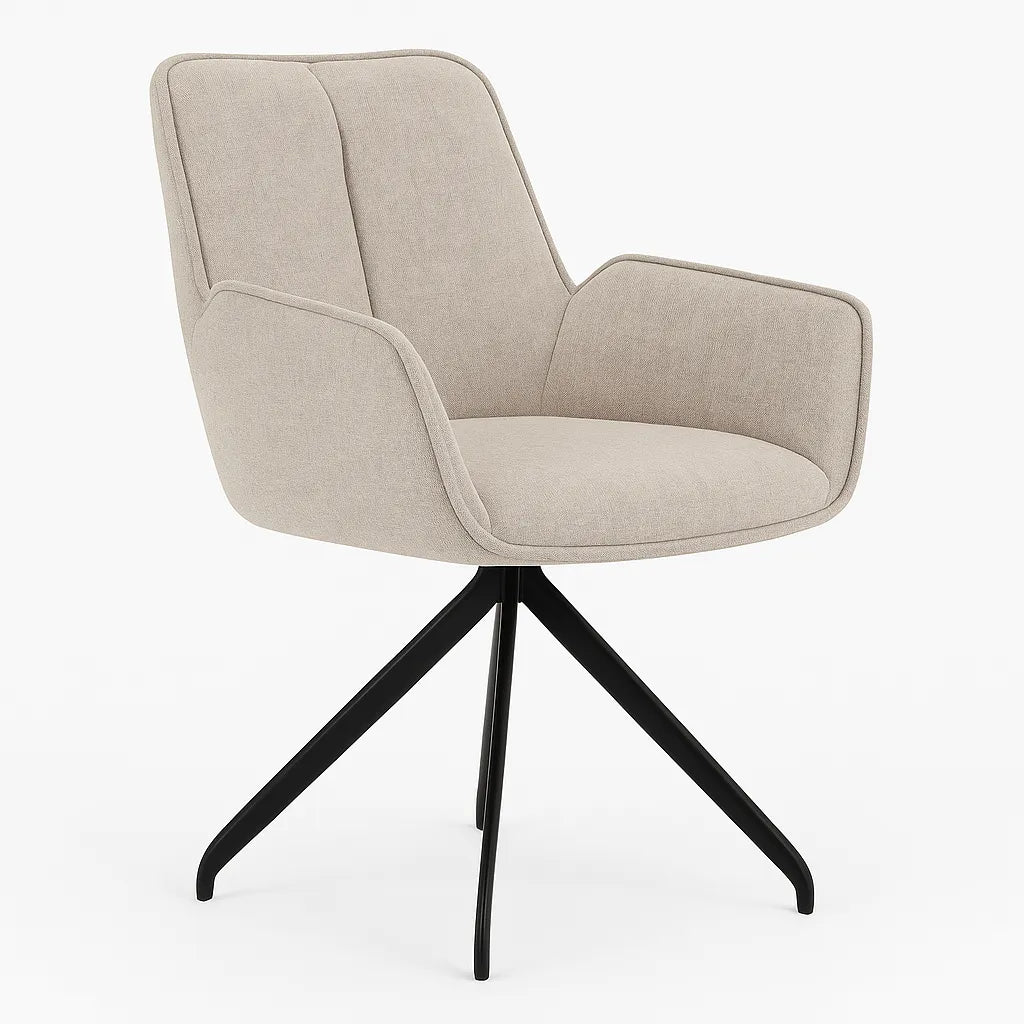 Poltroncina Liz girevole singola in ciniglia beige con gambe in metallo verniciato per sala da pranzo o ufficio.