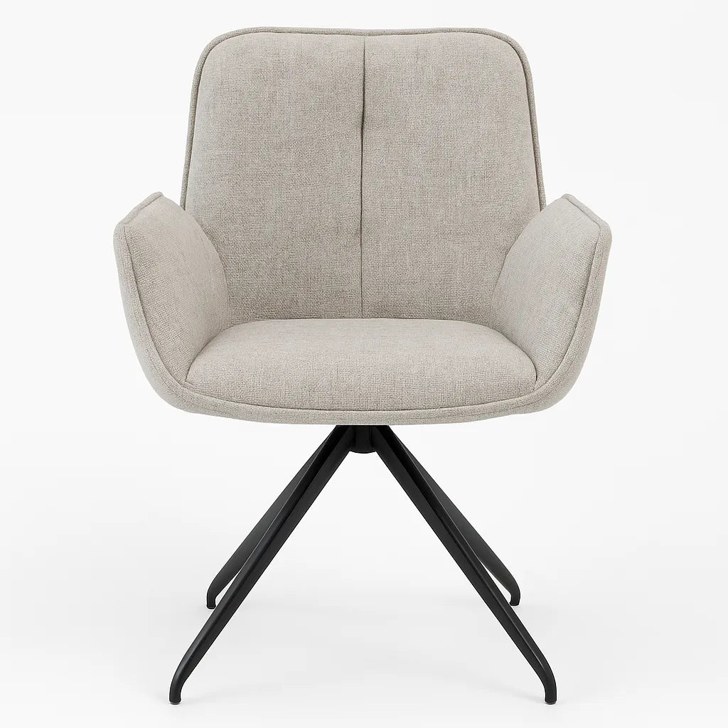 Poltroncina Liz girevole singola in ciniglia beige con gambe in metallo verniciato per sala da pranzo o ufficio.