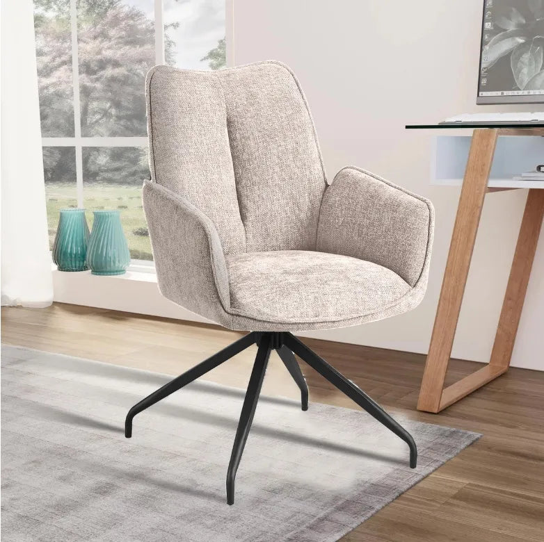 Poltroncina Liz girevole singola in ciniglia beige con gambe in metallo verniciato per sala da pranzo o ufficio