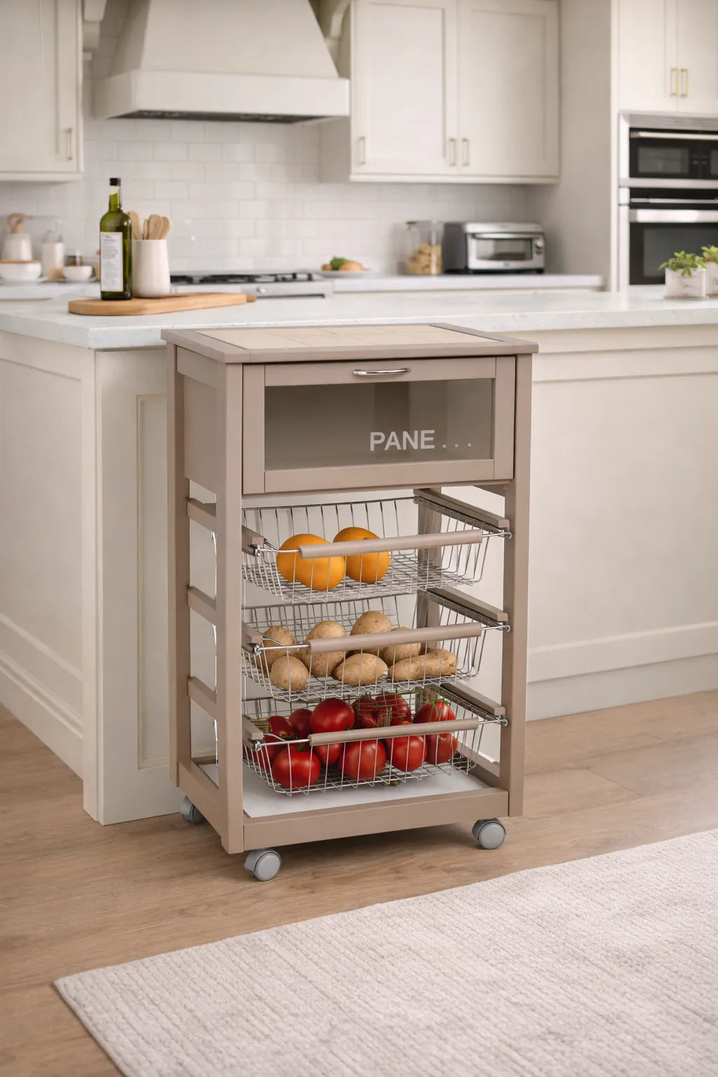 Carrello Cucina Tortora con Porta Pane, Cestelli e Piano in Ceramica