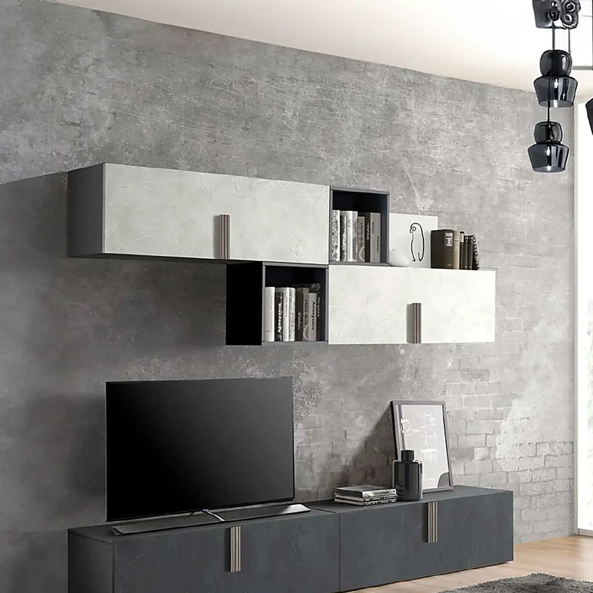 Sala Giada soggiorno moderno con parete attrezzata e madia finitura spatolato antracite e iron.