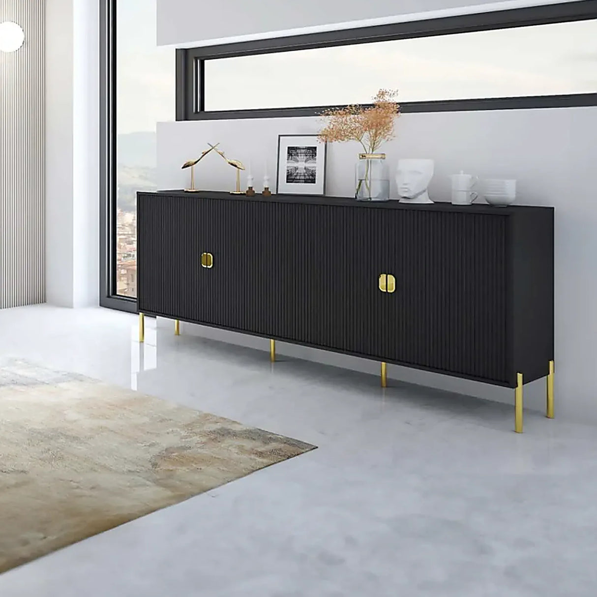 Composizione soggiorno Sala Olivia Black con finitura nera e dettagli oro.