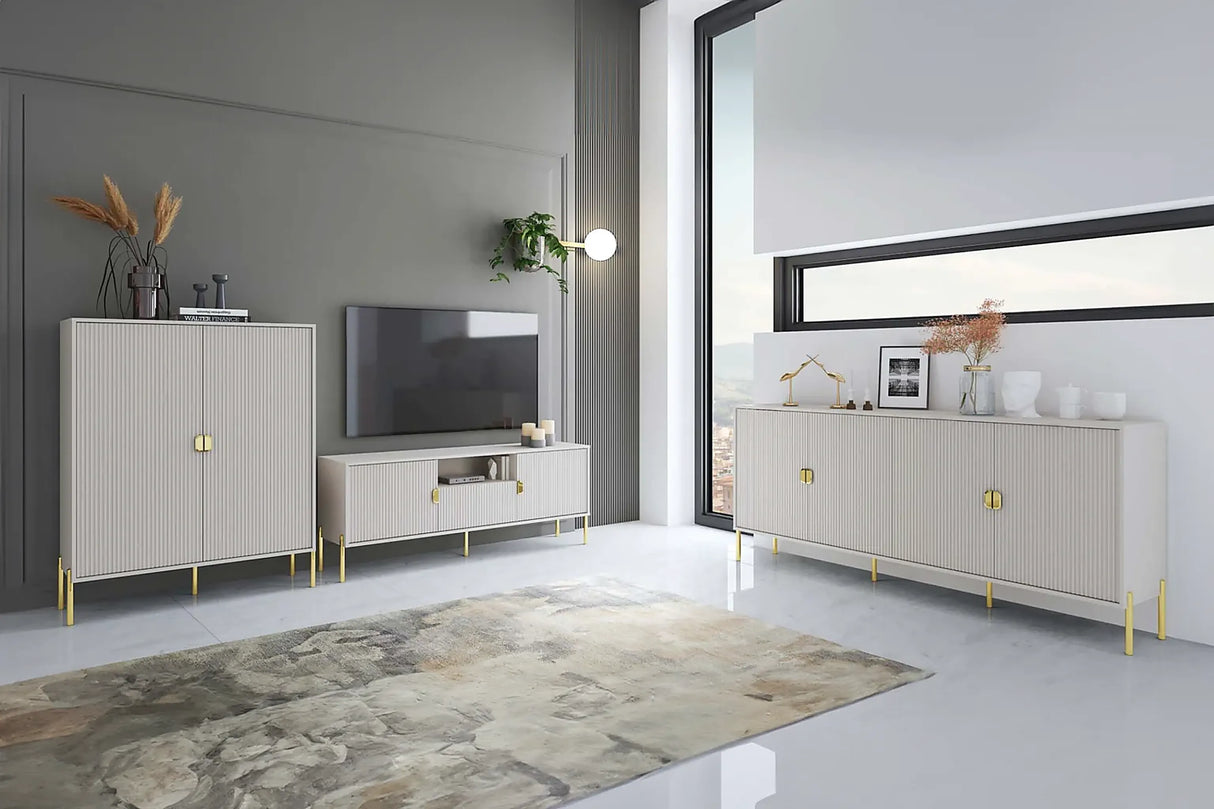 Sala Olivia Cachemire soggiorno moderno finitura cachemire con dettagli oro.