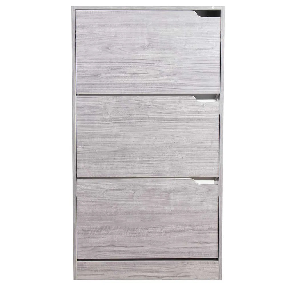 Scarpiera salvaspazio 3 ante ribalta doppia profondità in legno grigio o olmo, compatta ed elegante per ogni ambiente