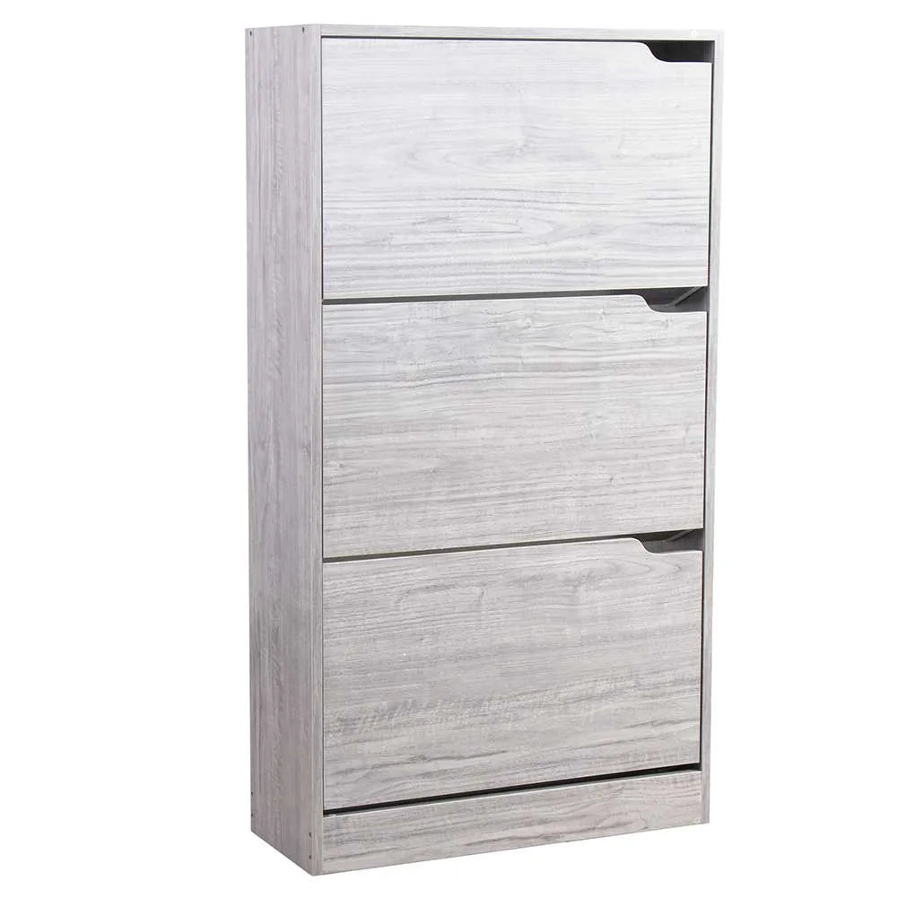 Scarpiera salvaspazio 3 ante ribalta doppia profondità in legno grigio o olmo, compatta ed elegante per ogni ambiente