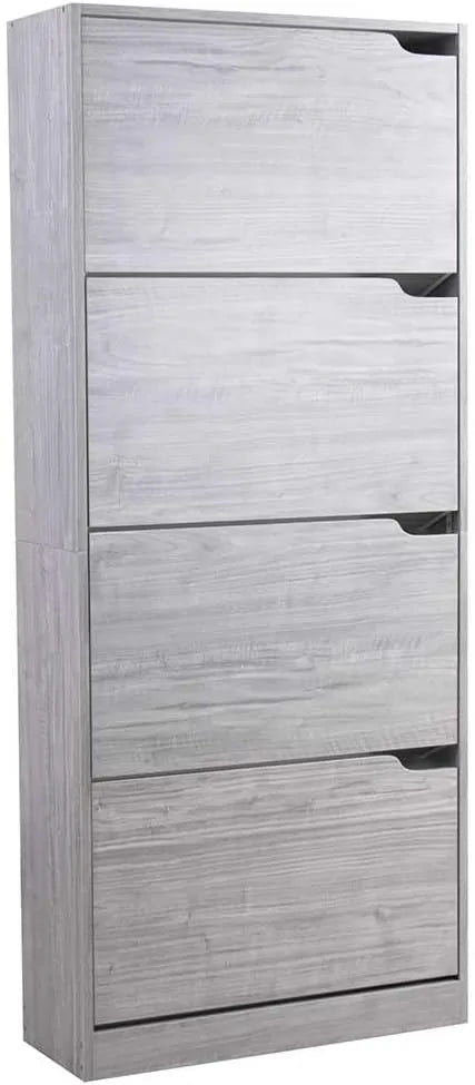 Scarpiera salvaspazio 4 ante ribalta con doppia profondità in legno grigio o olmo, ideale per corridoi e ambienti stretti