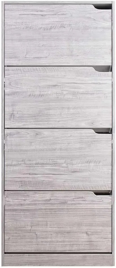 Scarpiera salvaspazio 4 ante ribalta con doppia profondità in legno grigio o olmo, ideale per corridoi e ambienti stretti