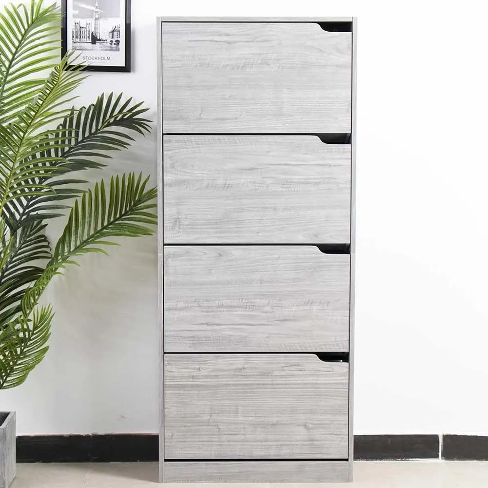 Scarpiera salvaspazio 4 ante ribalta con doppia profondità in legno grigio o olmo, ideale per corridoi e ambienti stretti