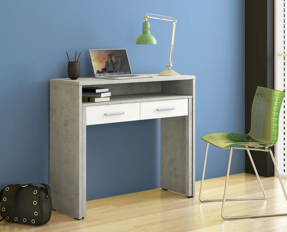 Scrivania consolle Miami con 2 cassetti e finitura moderna cemento e larice bianco