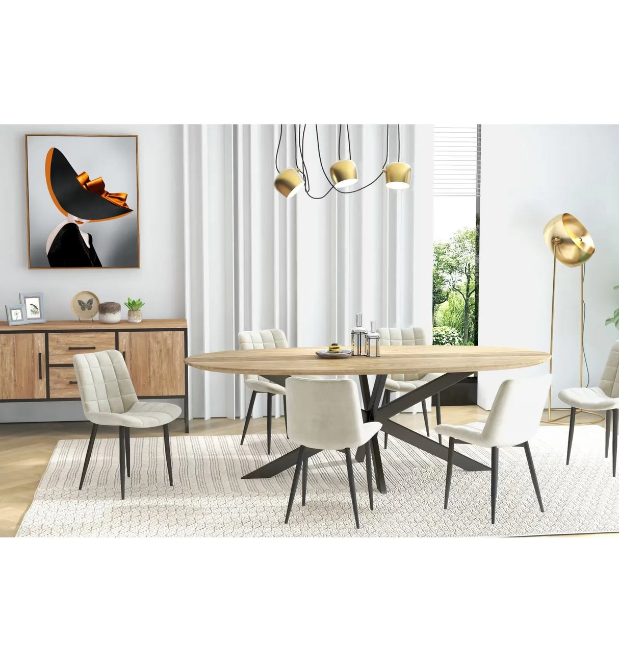 Sedia Cherie in velluto vaniglia con seduta impunturata e gambe in metallo nero