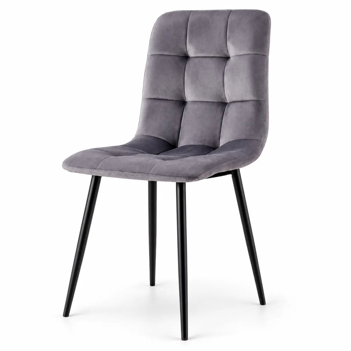 Sedia Clara in velluto, disponibile in tortora e grigio scuro, con schienale imbottito a riquadri e gambe in metallo nero, venduta in set da 2.