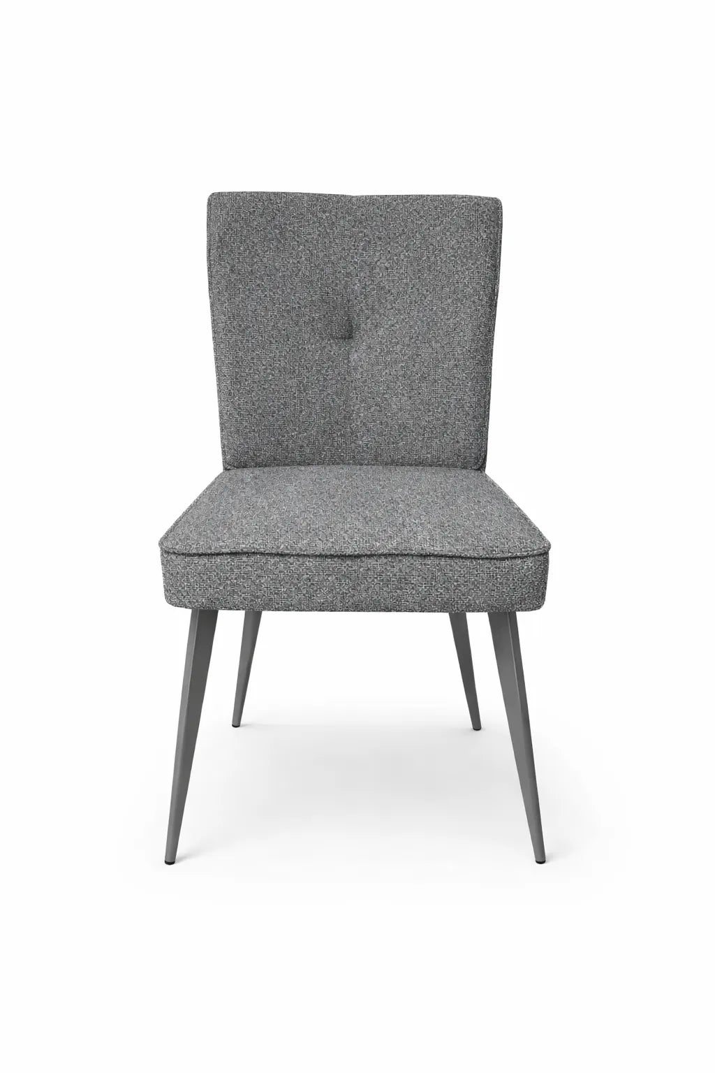 Sedia Eva rivestita in tessuto tortora o grigio con gambe in metallo verniciato.