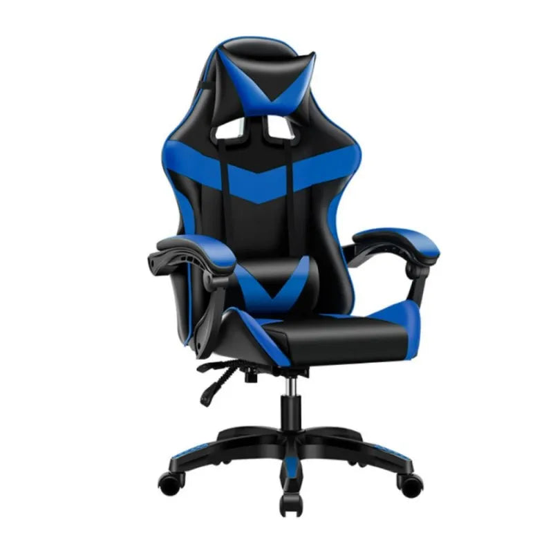 Sedia gaming nera con dettagli blu e schienale alto reclinabile in PVC