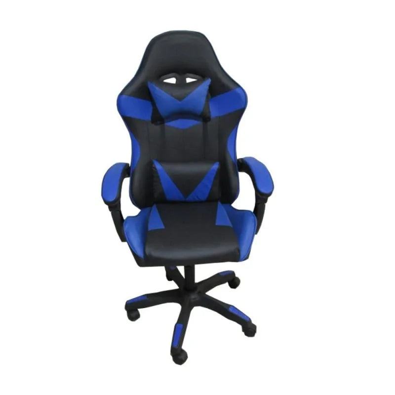 Sedia gaming nera con dettagli blu e schienale alto reclinabile in PVC